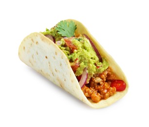 Photo of Delicious taco with guacamole and vegetables isolated on white