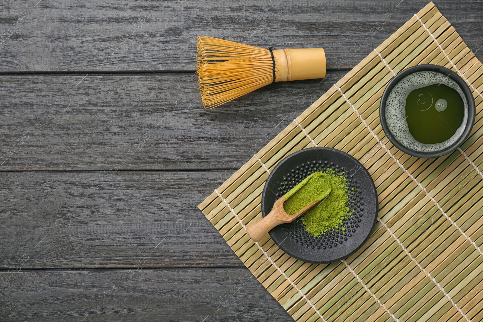 Photo of Flat lay composition with matcha tea on wooden background