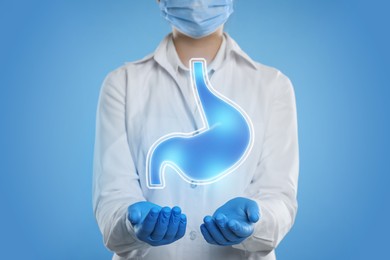 Symptoms and treatment of heartburn and other gastrointestinal diseases. Doctor holding stomach illustration on light blue background, closeup