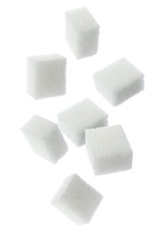 Image of Flying cubes of sugar on white background