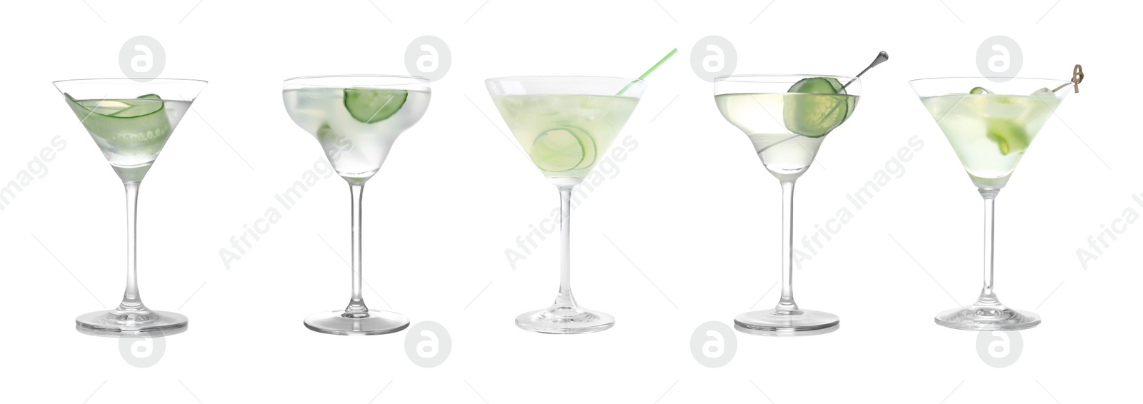 Image of Set of tasty martini cocktails with cucumbers on white background, banner design  