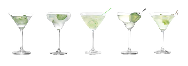 Image of Set of tasty martini cocktails with cucumbers on white background, banner design  