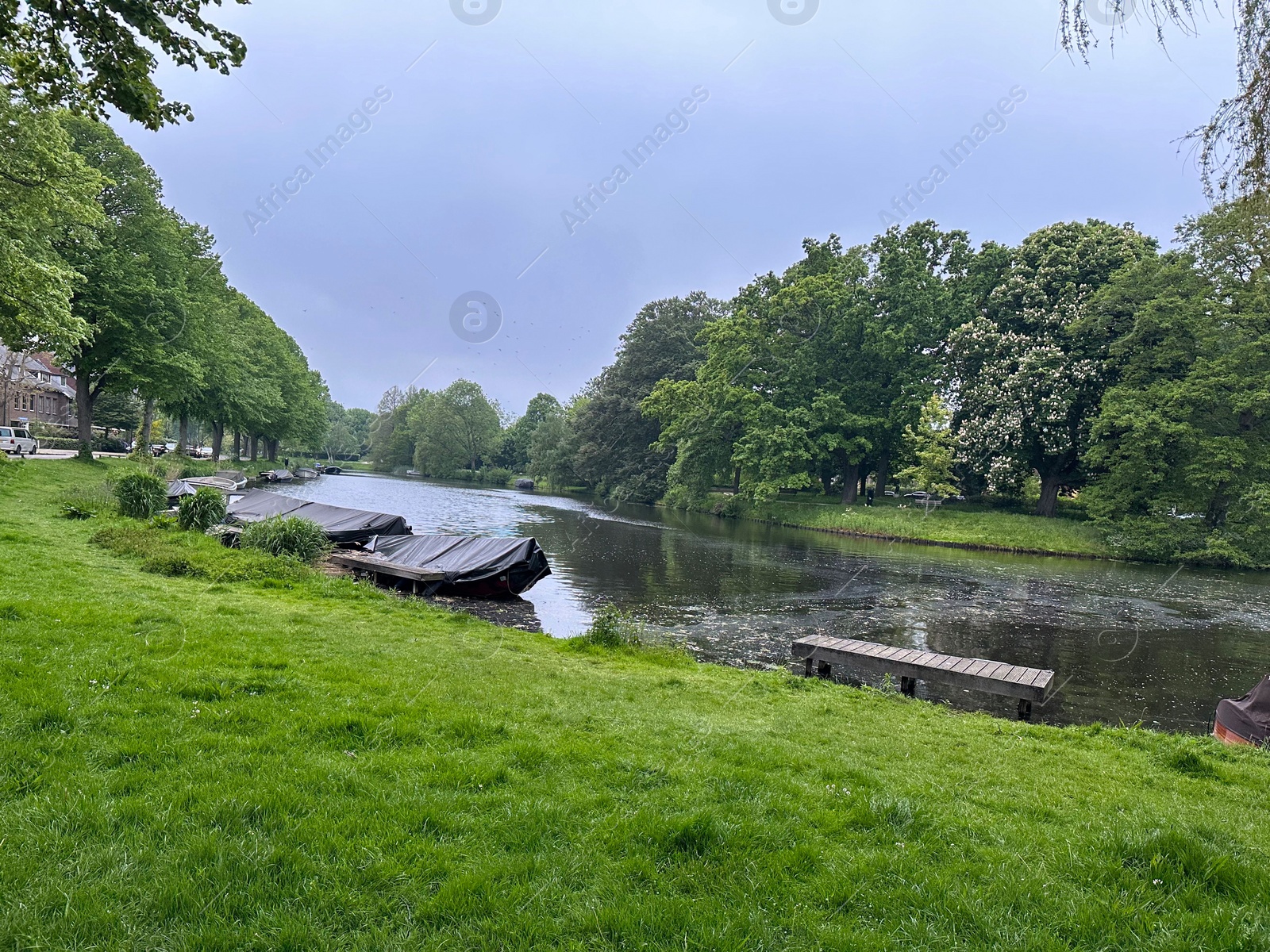 Photo of Picturesque view of green park with boats near river outdoors