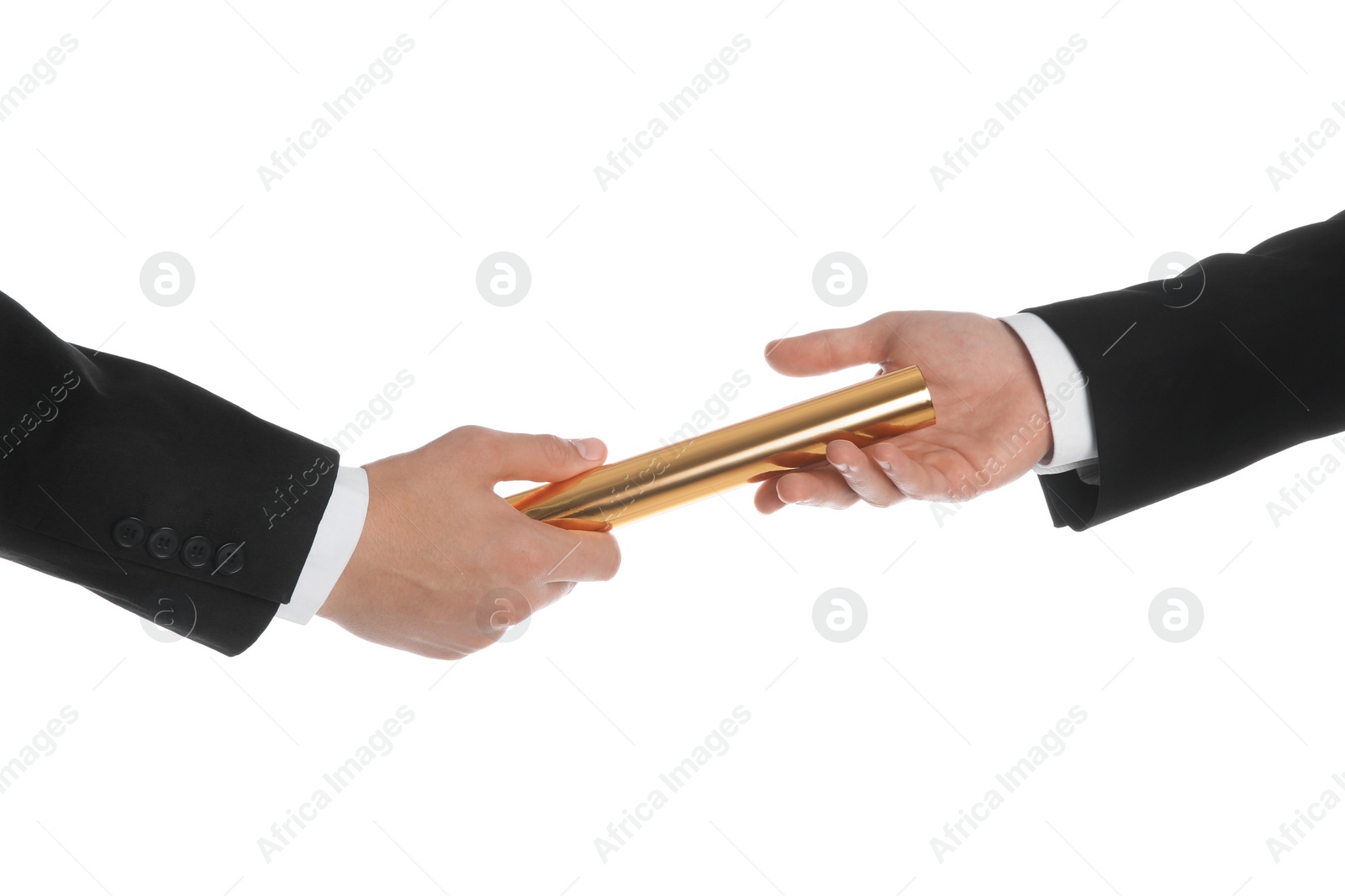 Photo of Businessman passing relay baton to colleague isolated on white, closeup