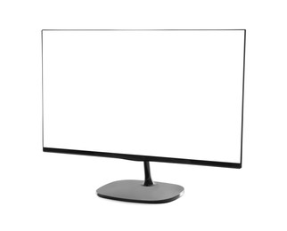 Photo of Modern computer monitor with black screen isolated on white