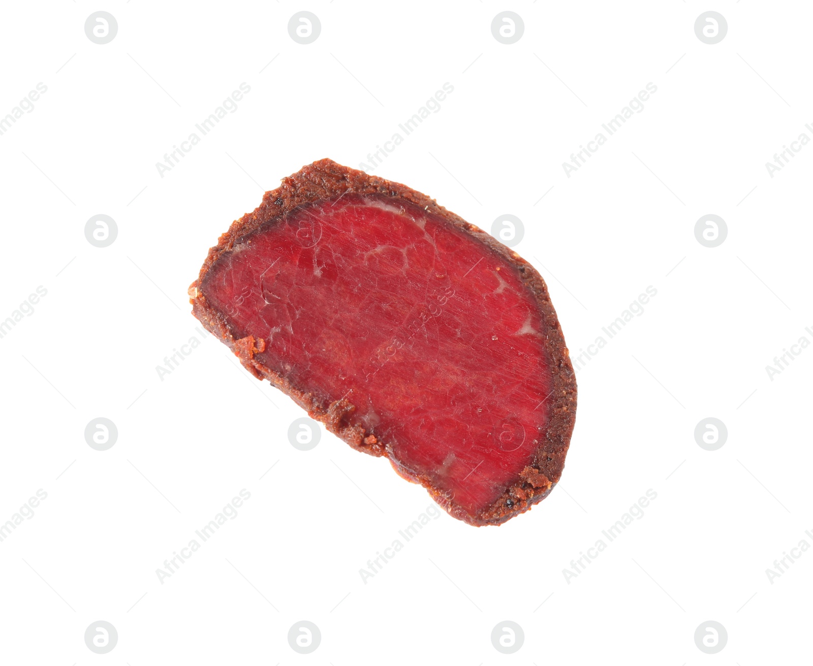 Photo of Delicious dry-cured beef basturma slice isolated on white