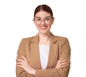 Photo of Portrait of smiling businesswoman with crossed arms on white background
