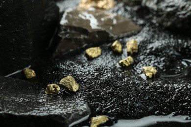 Photo of Many shiny gold nuggets on wet stones