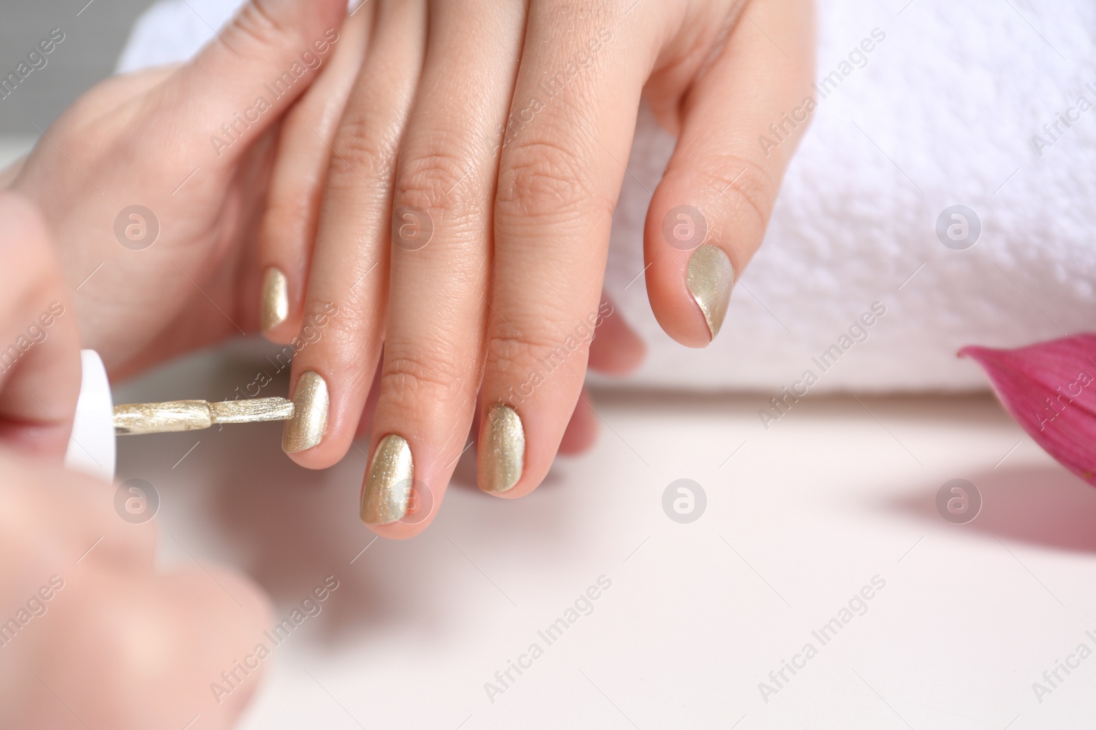 Photo of Manicurist painting client's nails with polish in salon, closeup