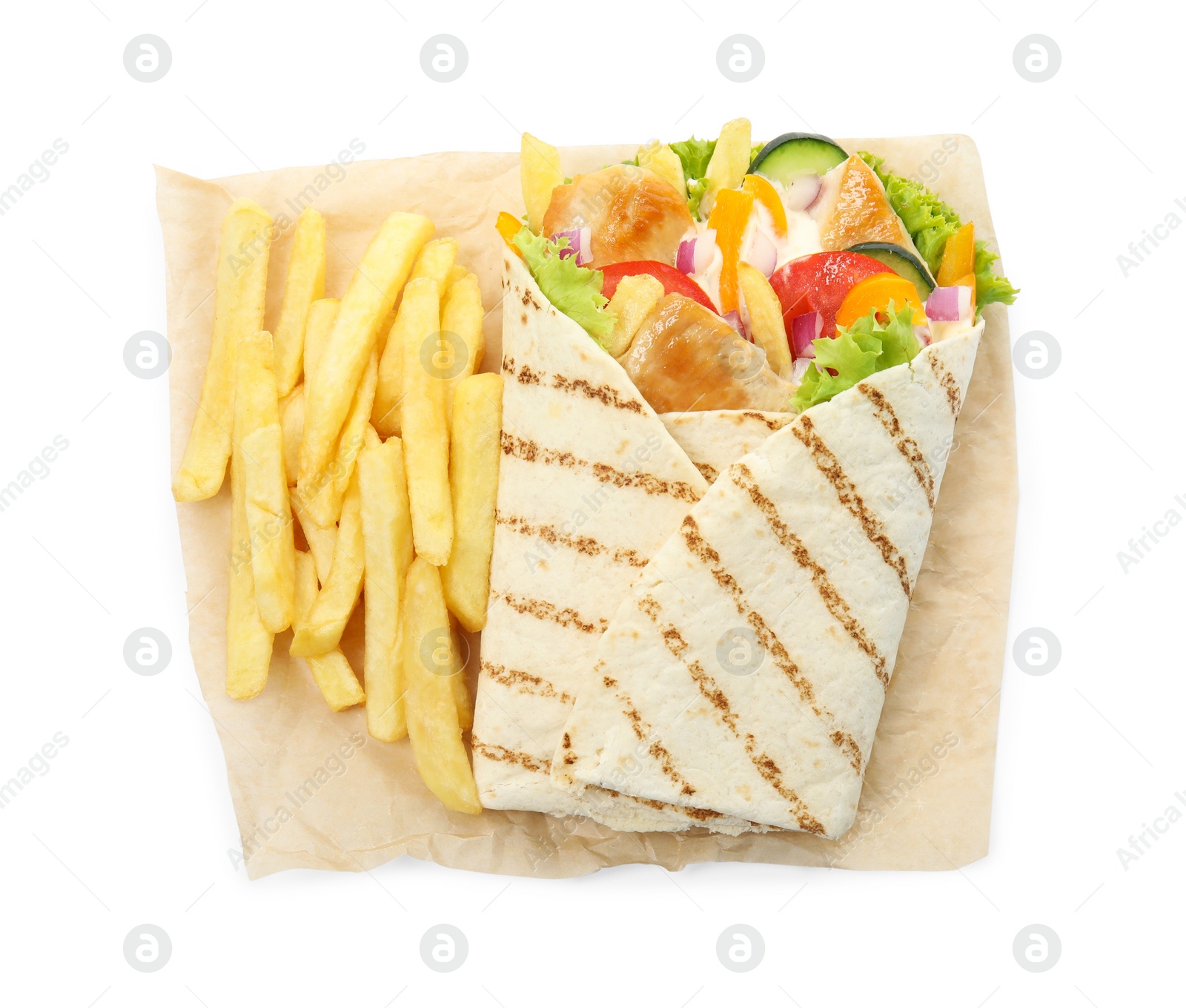 Photo of Delicious chicken shawarma and French fries on white background, top view