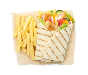 Photo of Delicious chicken shawarma and French fries on white background, top view
