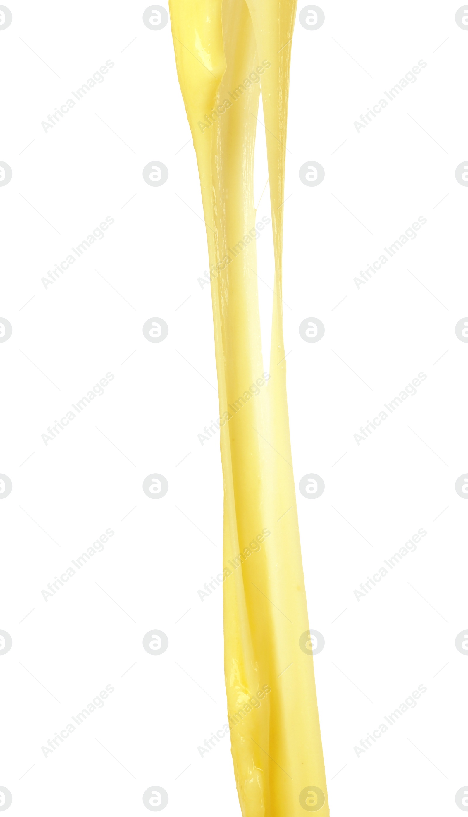 Photo of Stretching delicious melted cheese isolated on white