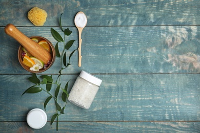 Beautiful composition with spa cosmetics on wooden background