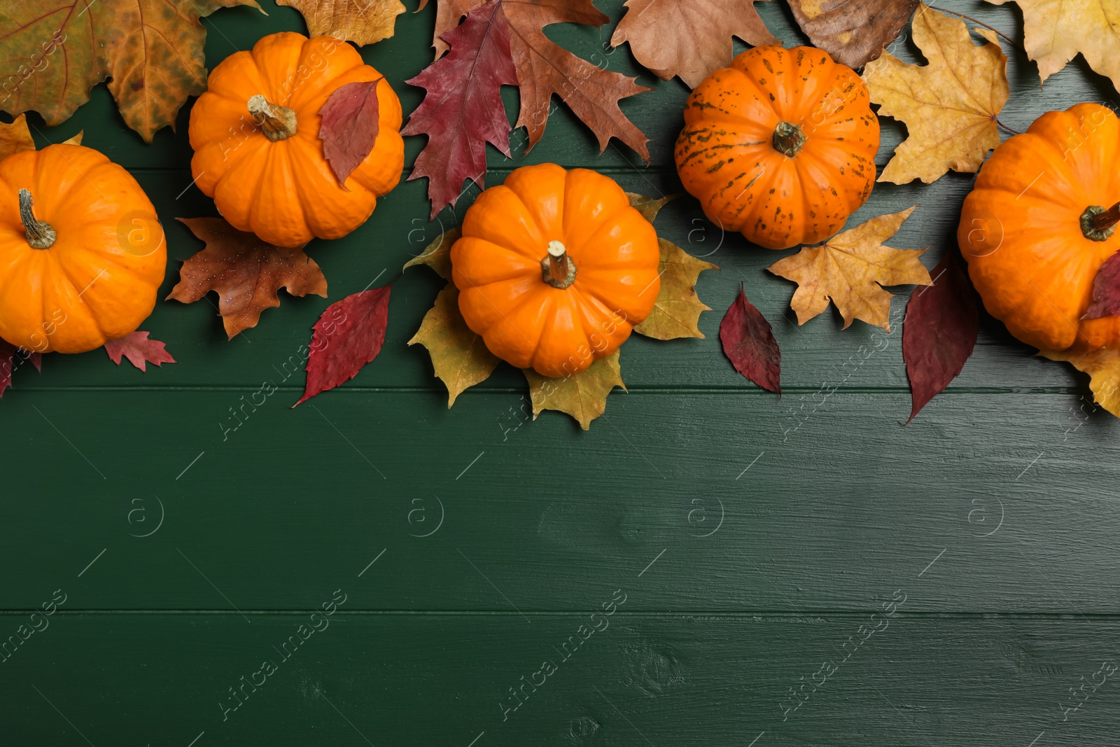 Photo of Fresh ripe pumpkins and dry leaves on green wooden table, flat lay. Space for text