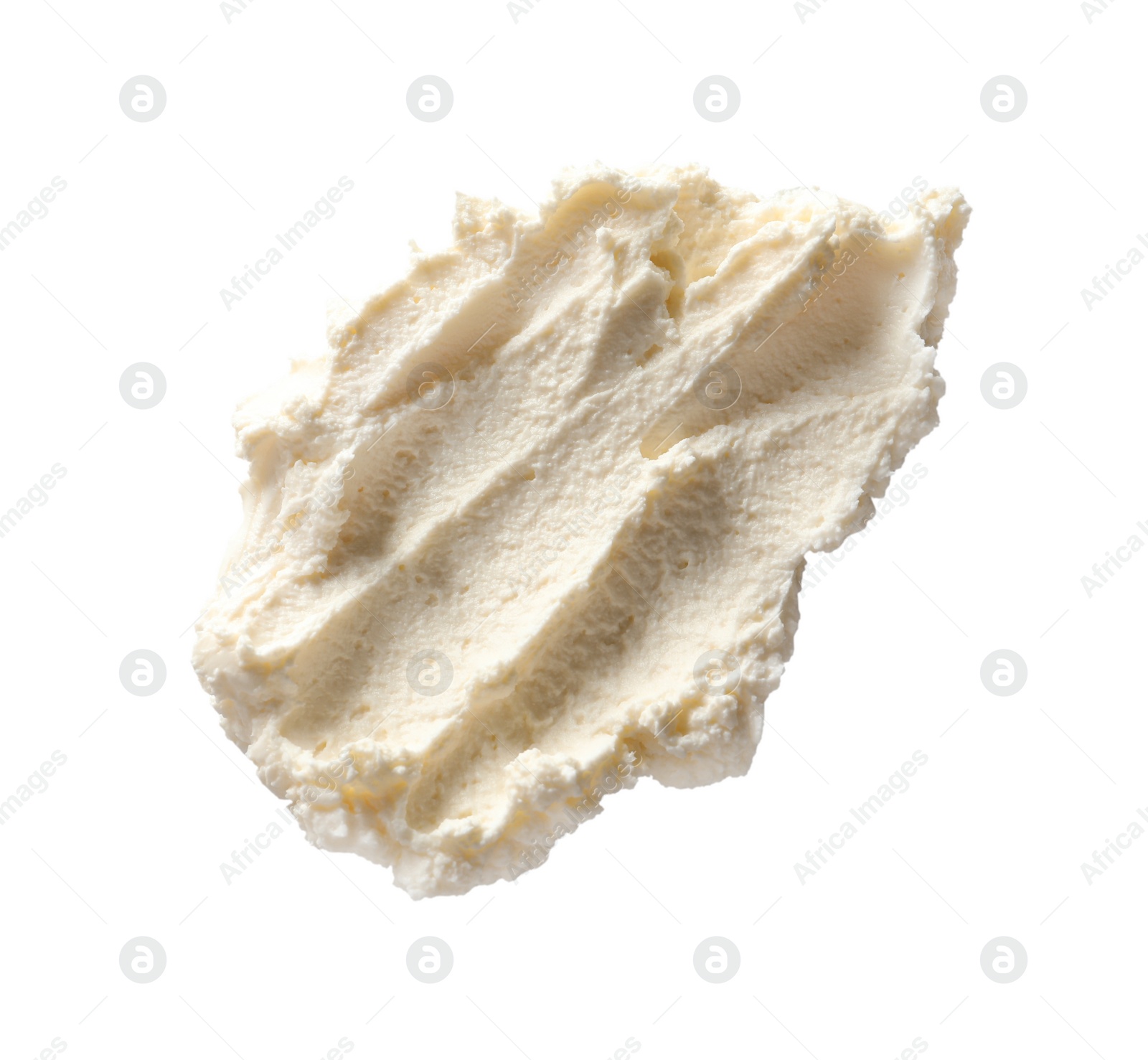 Photo of Smear of tasty cream cheese on white background, top view