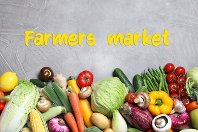 Image of Different fresh vegetables on grey background, flat lay. Farmers market