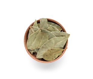 Photo of Small bowl with bay leaves on white background. Different spices for cooking