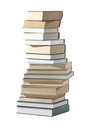 Photo of High stack of many different books isolated on white