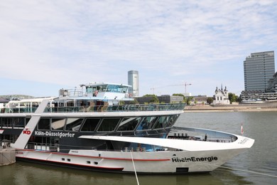Cologne, Germany - August 28, 2022: Beautiful ferry boat on river