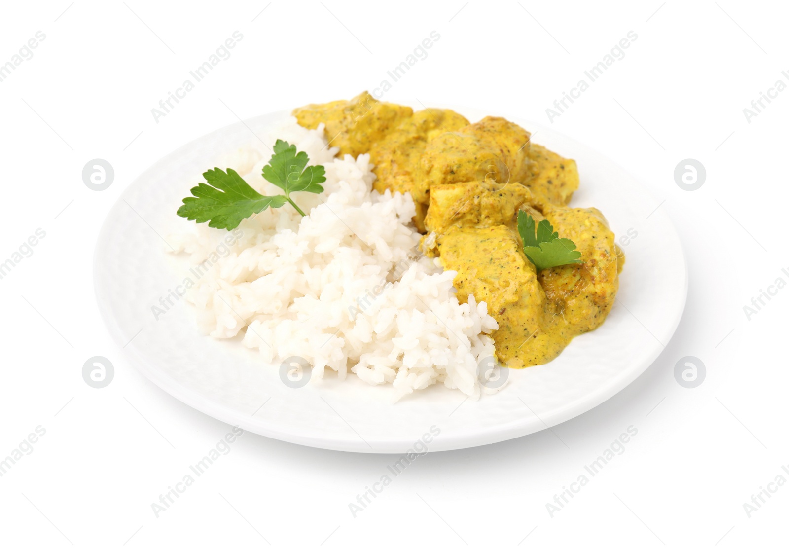 Photo of Delicious rice and chicken with curry sauce isolated on white