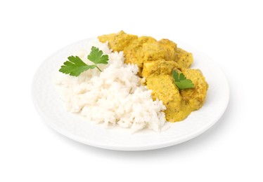 Photo of Delicious rice and chicken with curry sauce isolated on white