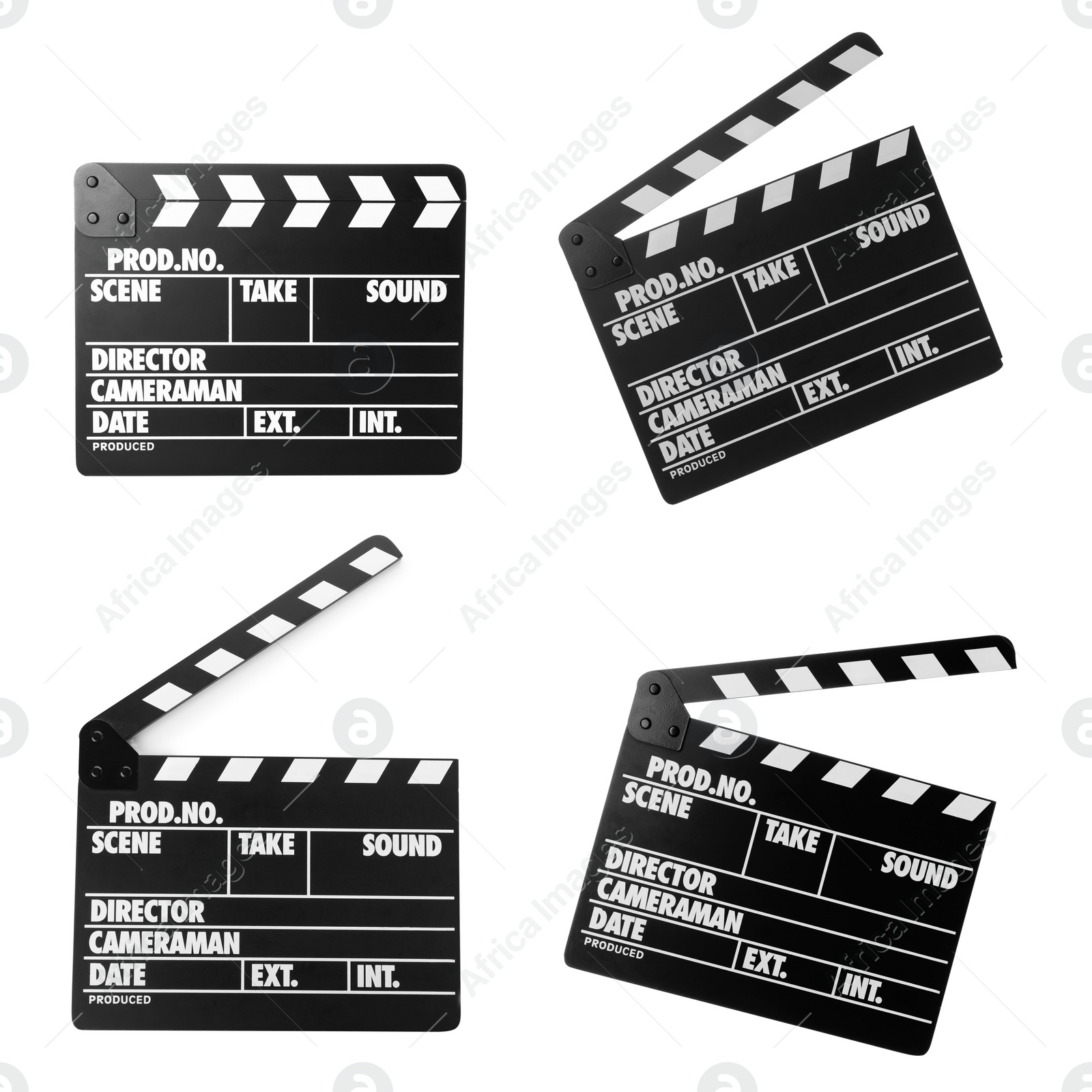 Image of Set of clapper boards on white background. Cinema production