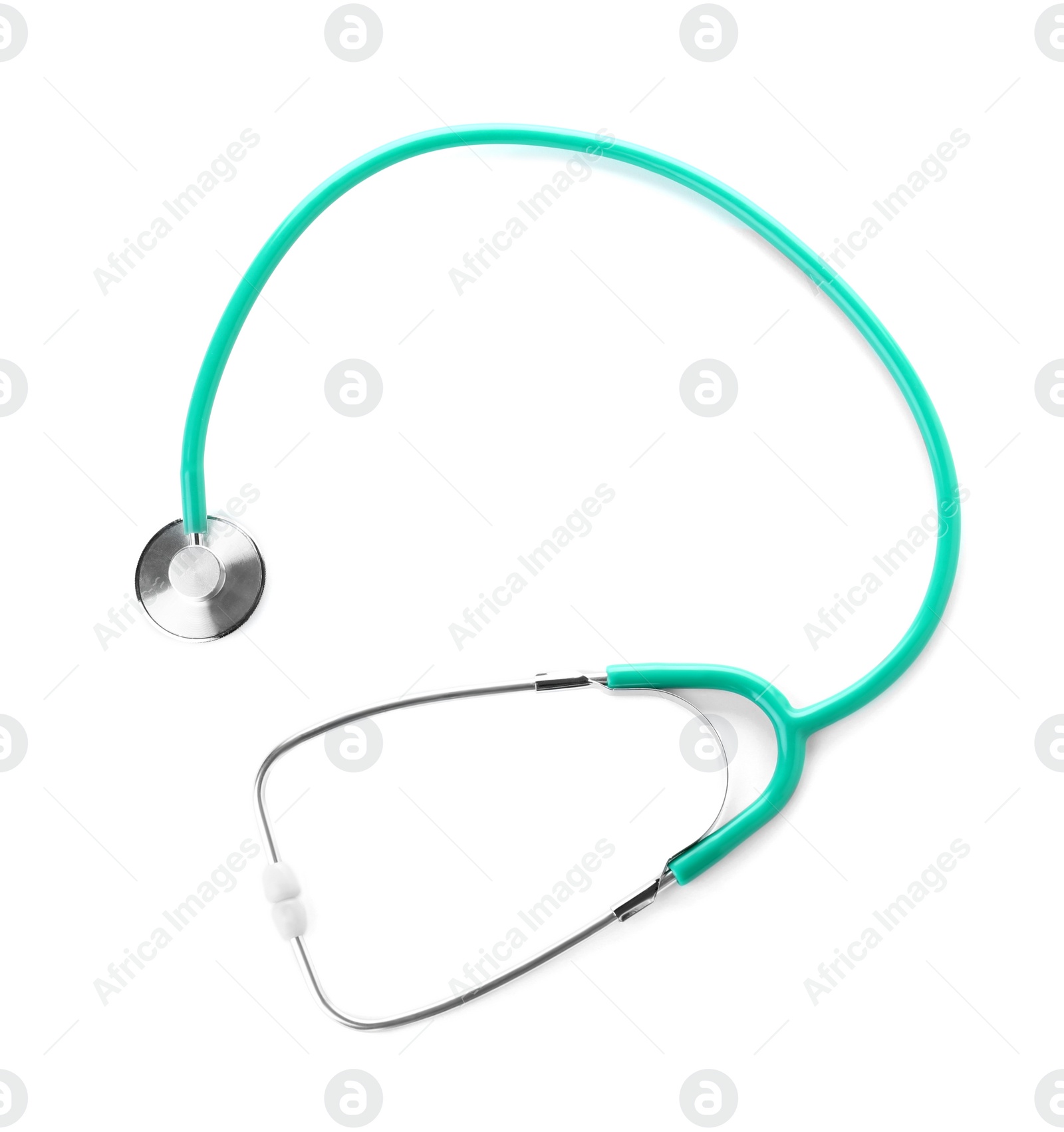 Photo of Stethoscope on white background, top view. Medical device