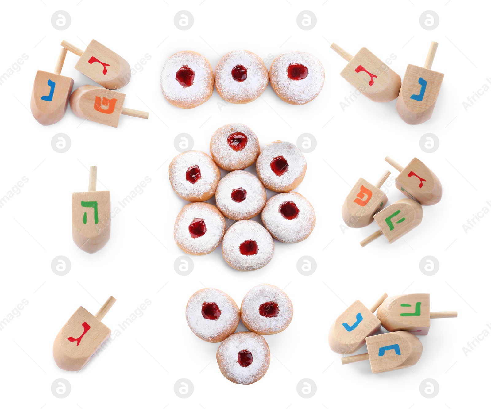 Image of Set with Hanukkah traditional dreidels and doughnuts on white background, top view