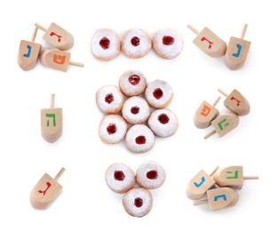 Image of Set with Hanukkah traditional dreidels and doughnuts on white background, top view