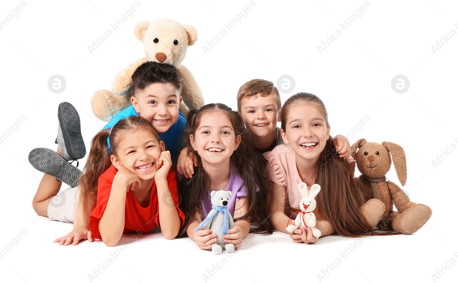 Photo of Playful little children on white background. Indoor entertainment