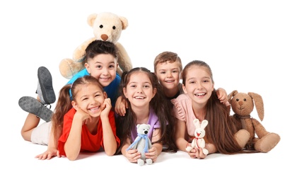 Photo of Playful little children on white background. Indoor entertainment