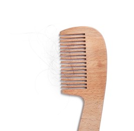 Photo of Wooden comb with lost hair isolated on white, top view