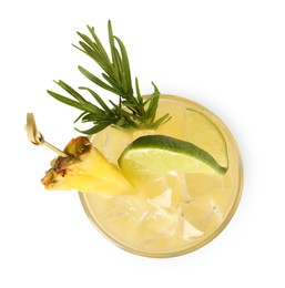 Photo of Glass of tasty pineapple cocktail with lime and rosemary isolated on white, top view