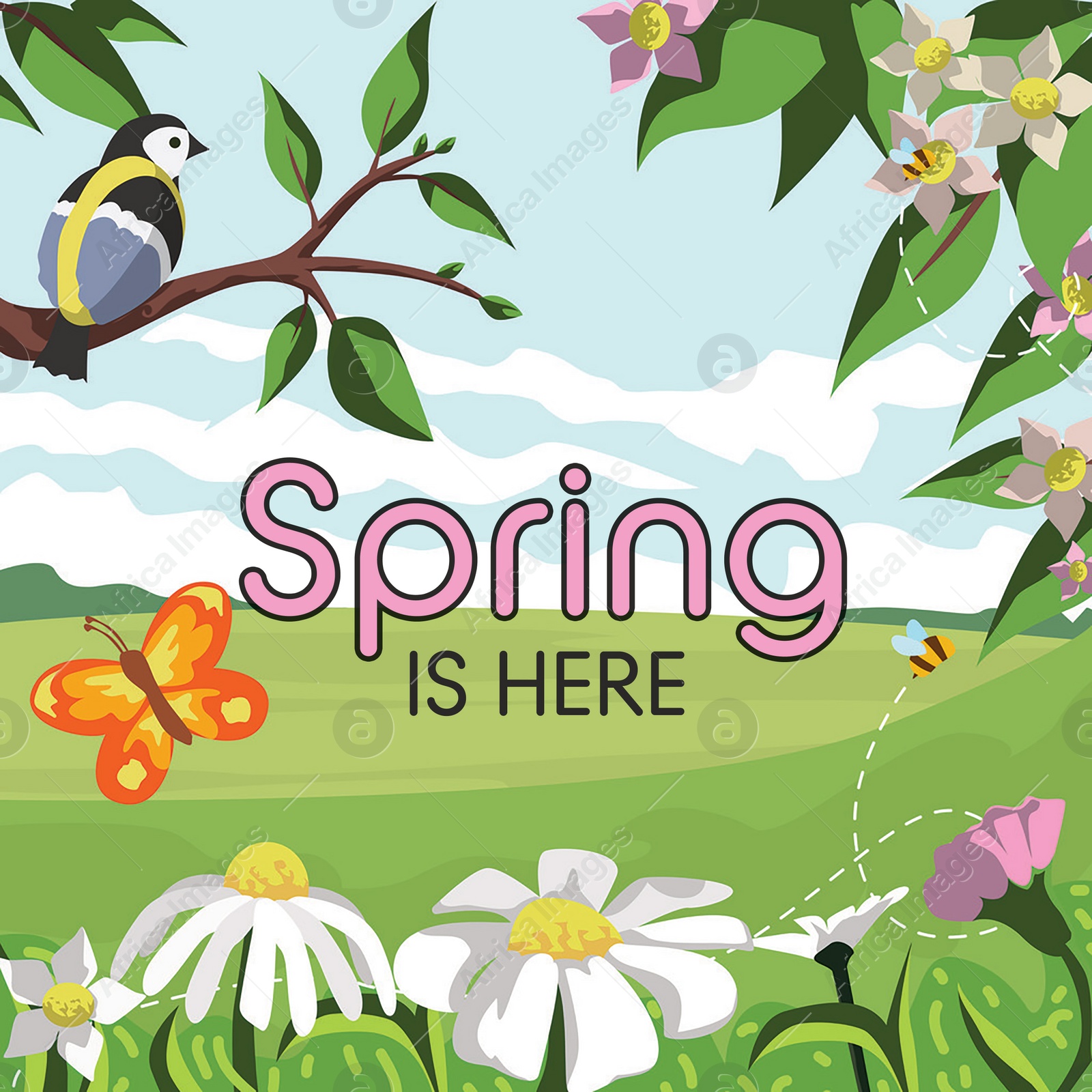 Illustration of Bird sitting on tree branch, while butterfly and bees flying over flowers and text Spring Is Here. Illustration design