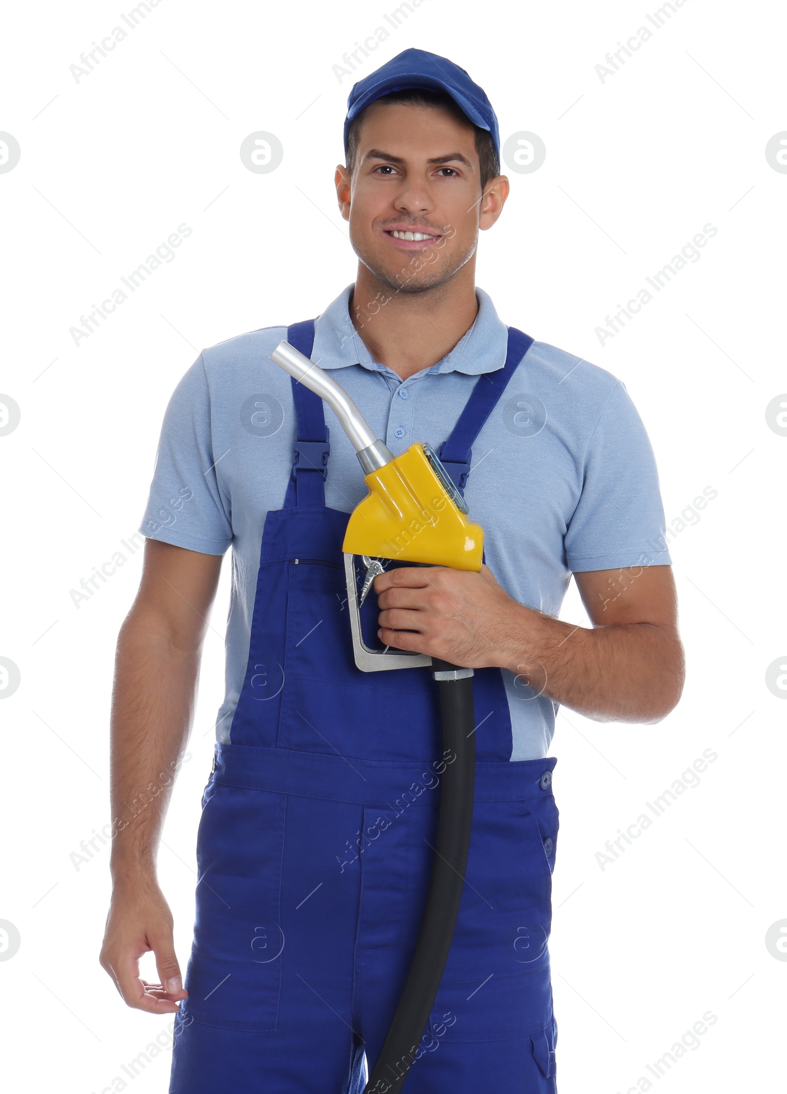 Photo of Gas station worker with fuel nozzle on white background