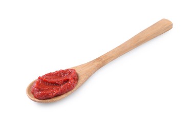 Photo of Wooden spoon of tasty tomato paste isolated on white