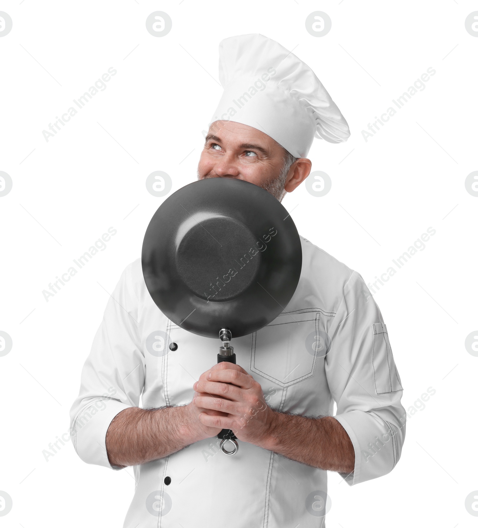 Photo of Chef in uniform with frying pan isolated on white
