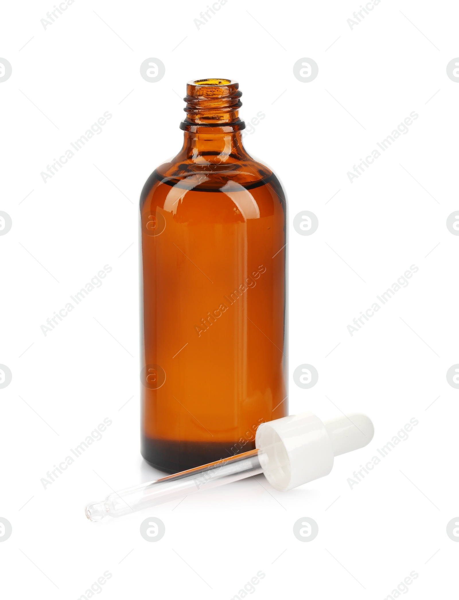 Photo of Glass bottle and pipette with tincture isolated on white