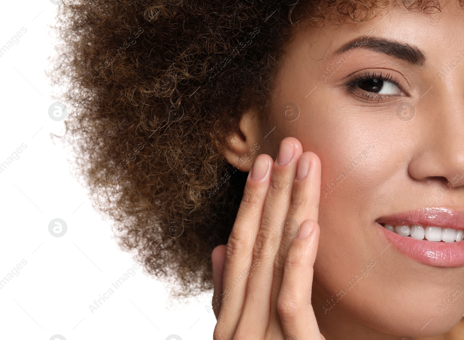 Photo of Beautiful woman with healthy skin on white background, closeup