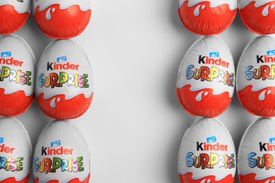 Sveti Vlas, Bulgaria - June 26, 2023: Kinder Surprise Eggs on white background, flat lay