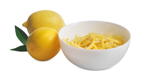 Photo of Bowl of lemon peel and fresh fruits on white background. Citrus zest