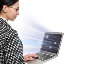 Speed internet. Woman using laptop on white background. Motion blur effect symbolizing fast connection