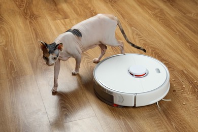 Photo of Robotic vacuum cleaner and cute Sphynx cat on wooden floor