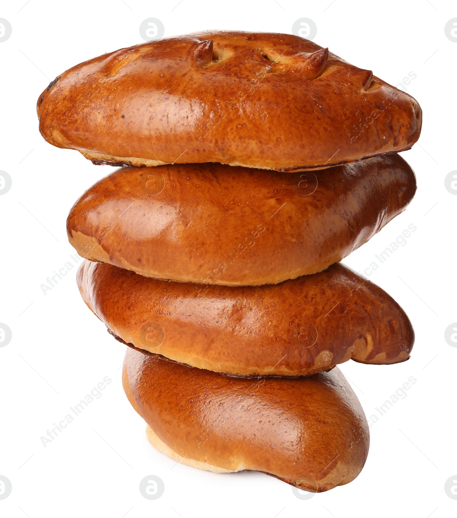 Photo of Many delicious baked patties on white background