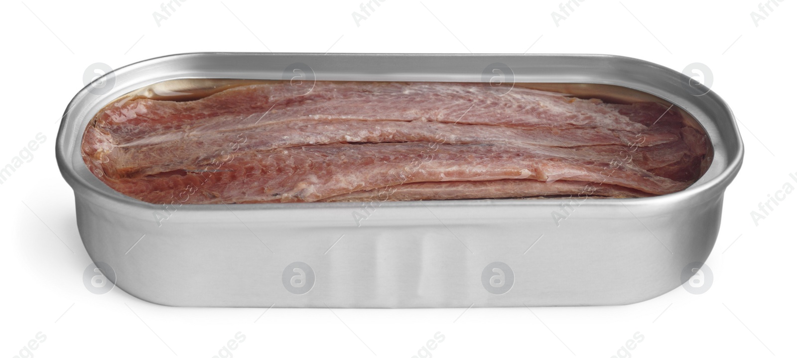Photo of Anchovy fillets in open tin can isolated on white