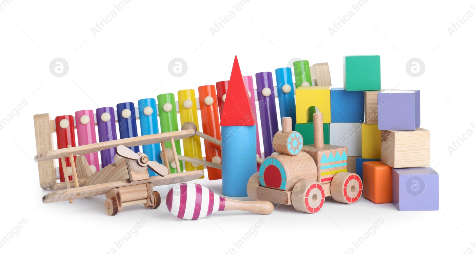 Photo of Set of different toys on white background