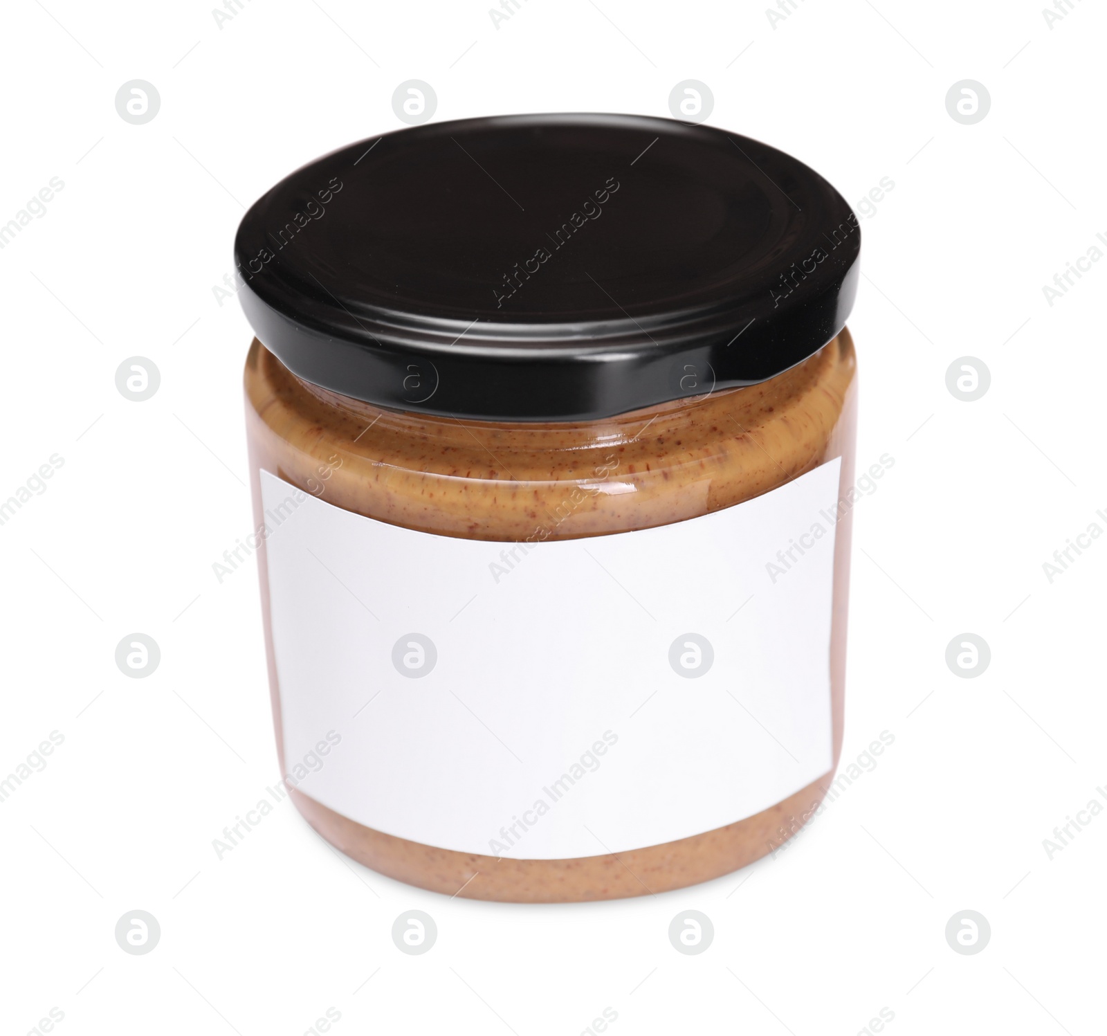 Photo of Tasty nut paste in jar isolated on white, space for text