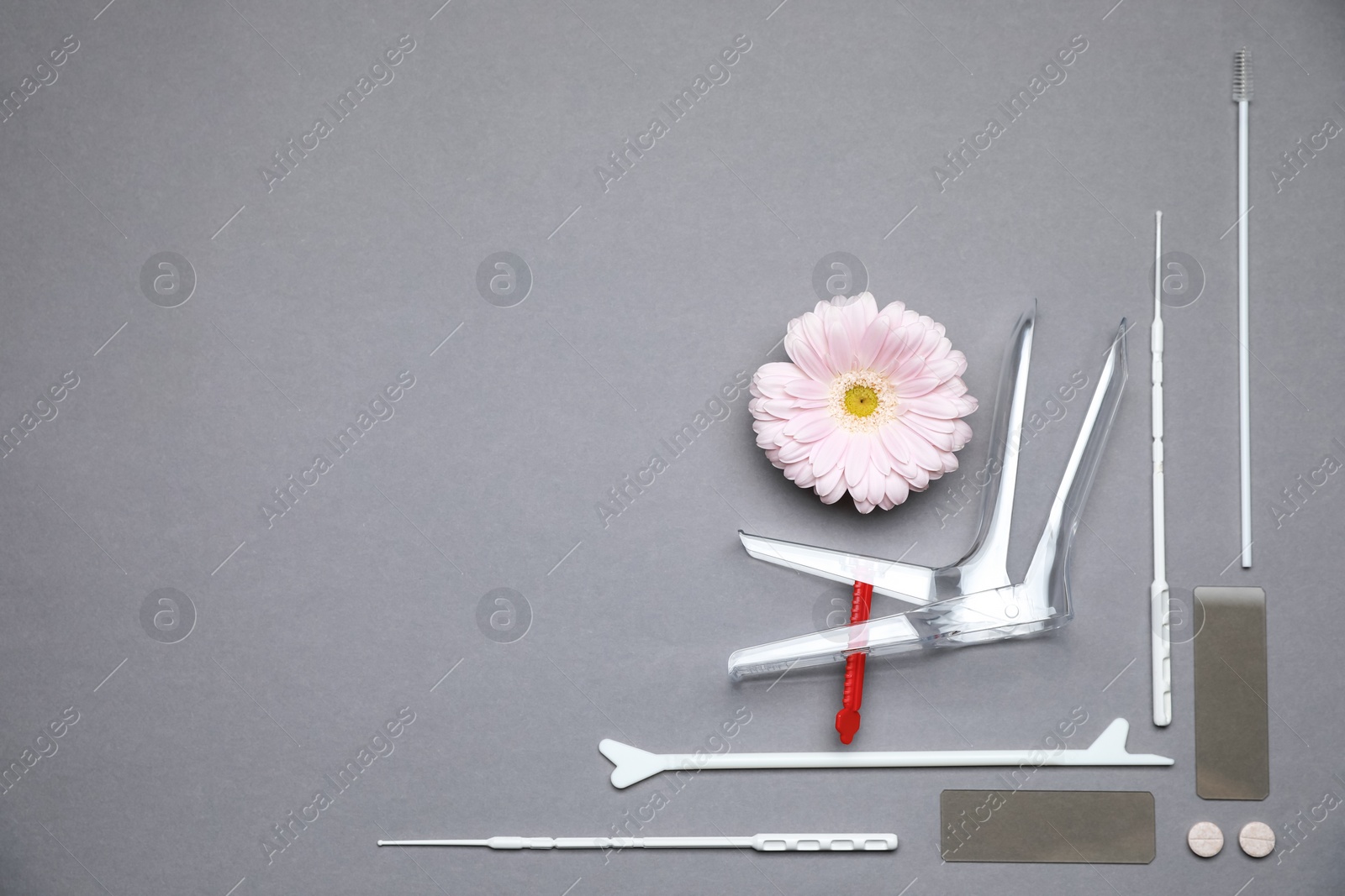 Photo of Many gynecological tools, pills and gerbera flower on grey background, flat lay. Space for text