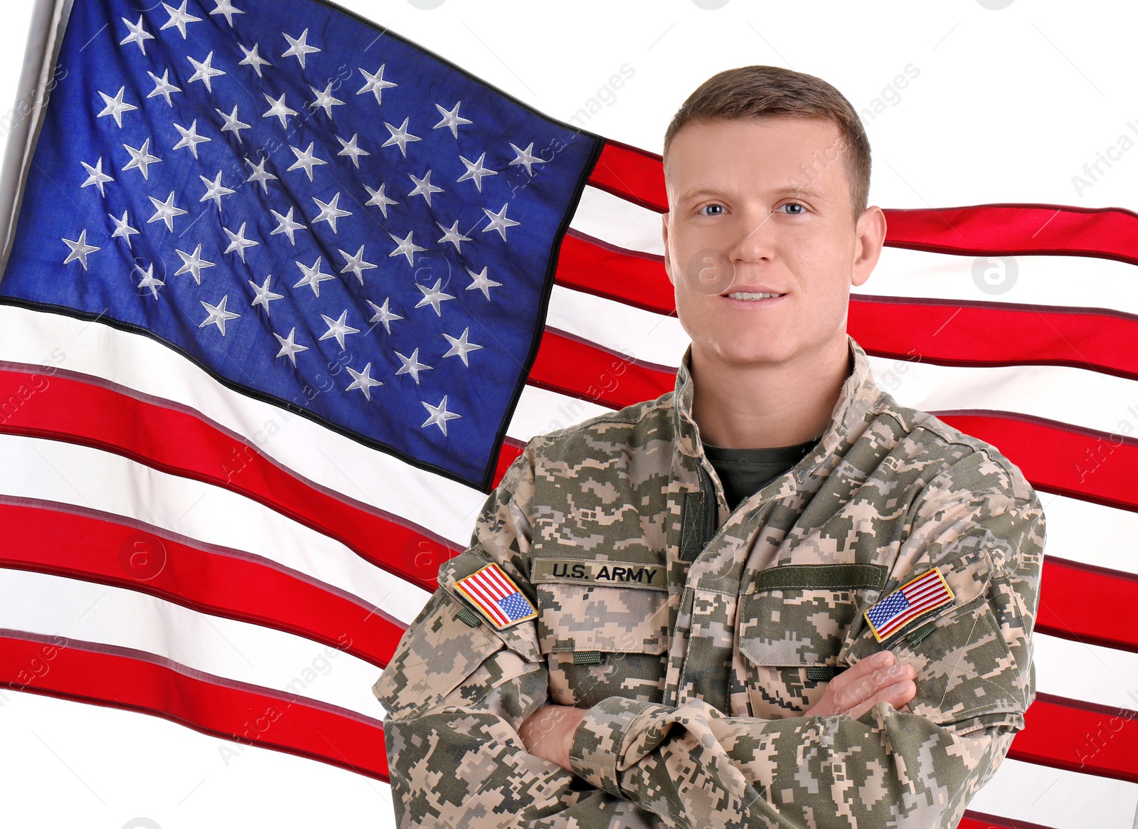 Image of Male soldier and American flag on white background. Military service