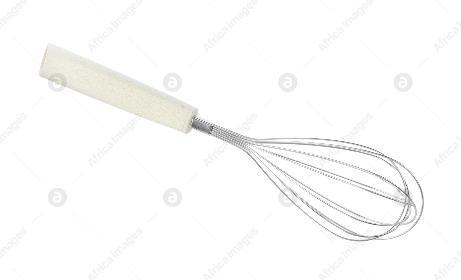 Photo of Metal whisk isolated on white, top view. Kitchen utensil